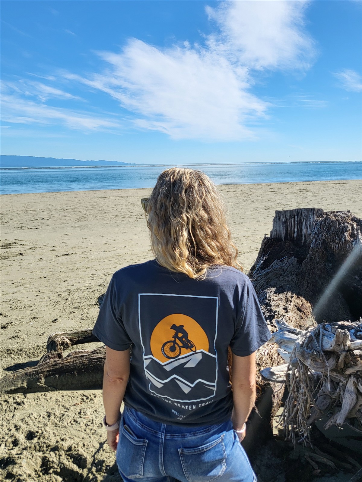 Off the Beaten Trail T-shirt, back view with mountain biking design